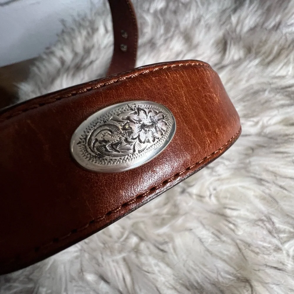 Nocona brown leather belt and ornate silver belt buckle